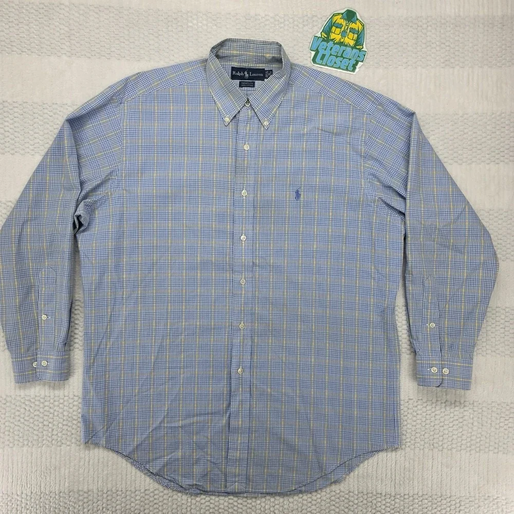 Polo Ralph Lauren Yarmouth Dress Shirt Mens L 16 32/33 Blue Plaid Oxford Pony